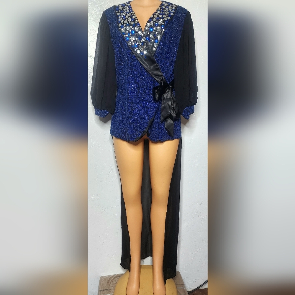 NWT Elegant Blue and Black Women's Jewelled Tuxedo Type Blouse